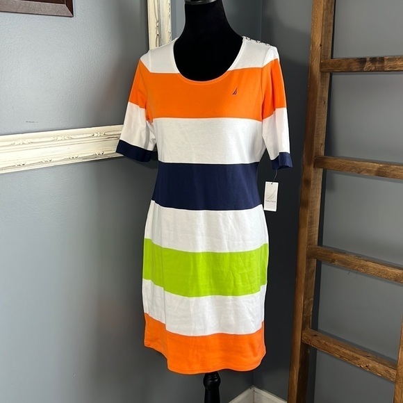 Nautica Multi Color Block Shirt Dress Button Detail Summer Office Sz M NWT - Picture 1 of 9